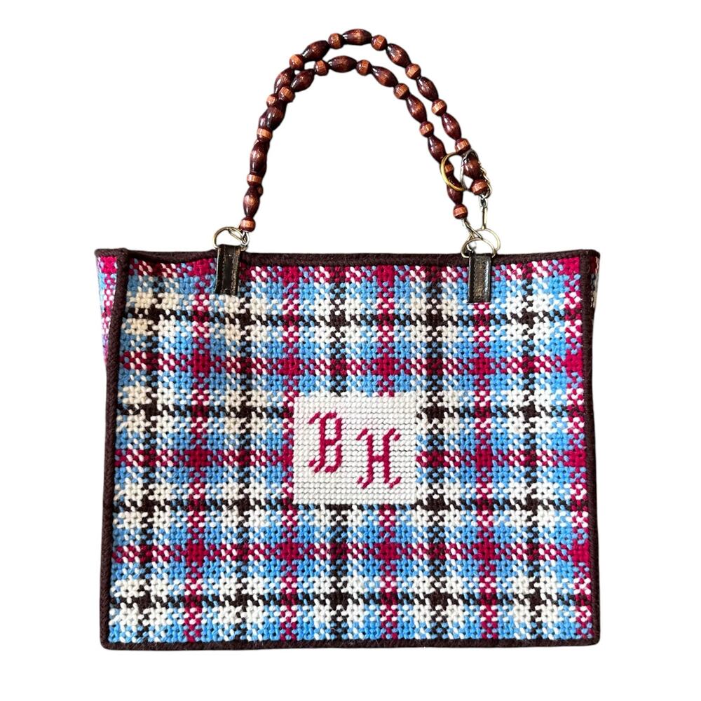 Vintage Handmade Needlepoint Plaid Tote Purse Wood Bead Handle